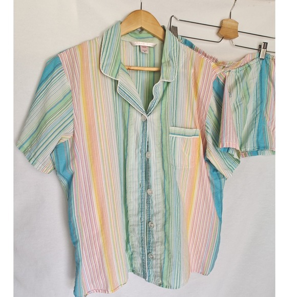 Victoria's Secret Pajama Set Button Front Short Shorts Rainbow Stripes XL Cotton - Picture 2 of 9